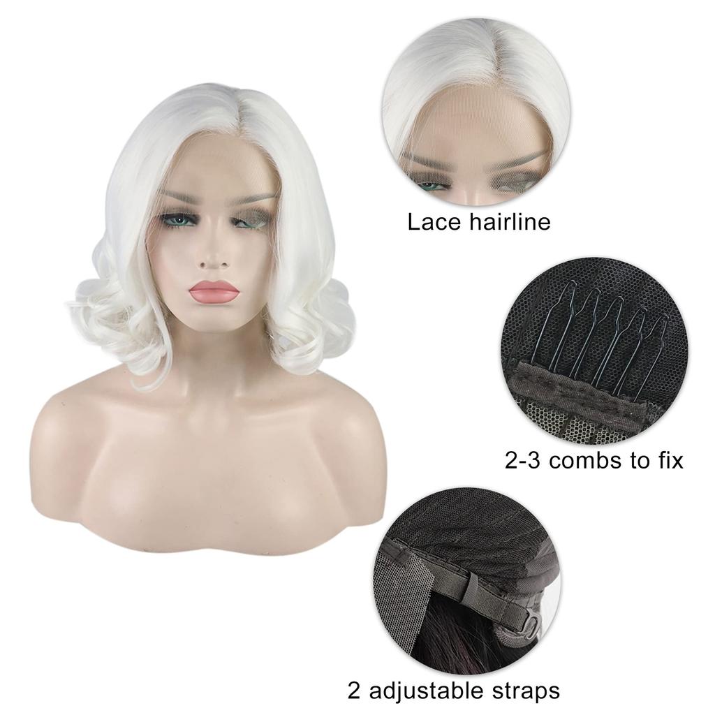 VOCOSTE Heat-Resistant Lace Front Wig, Medium Long Body Wave, for Girls, Everyday Use, White, 35.5 cm