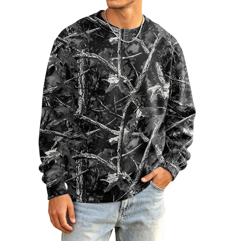 Men's Casual Long Sleeve Camouflage Print Round Neck T-Shirt Loose Fit for Everyday Wear