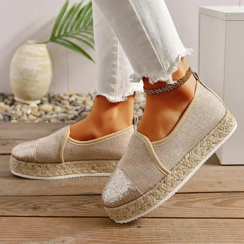 Fashion Leisure Women's Weave Loafers Non Slip Flat Round Toe Breathable Slip On Ladies Flats Women Thick Platform Lazy Canvas Shoes