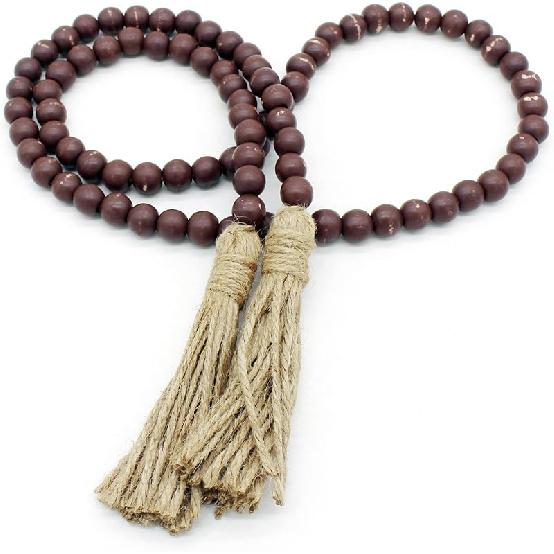 CVHOMEDECO. Wood Beads Garland with Tassels Farmhouse Rustic Wooden Prayer Bead String Wall Hanging Accent for Home Festival Decor. Mix Distressed