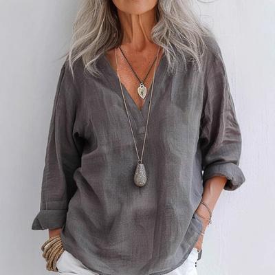 Chemise à col en V et manches longues pour femme, couleur unie, coupe ample