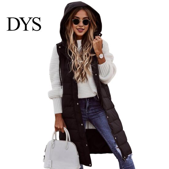 Winter Waistcoat Women Vest Coat Hooded Solid Color Zipper Closure Drawstring Padded Sleeveless Thick Mid Length Windproof Warm Lady Long