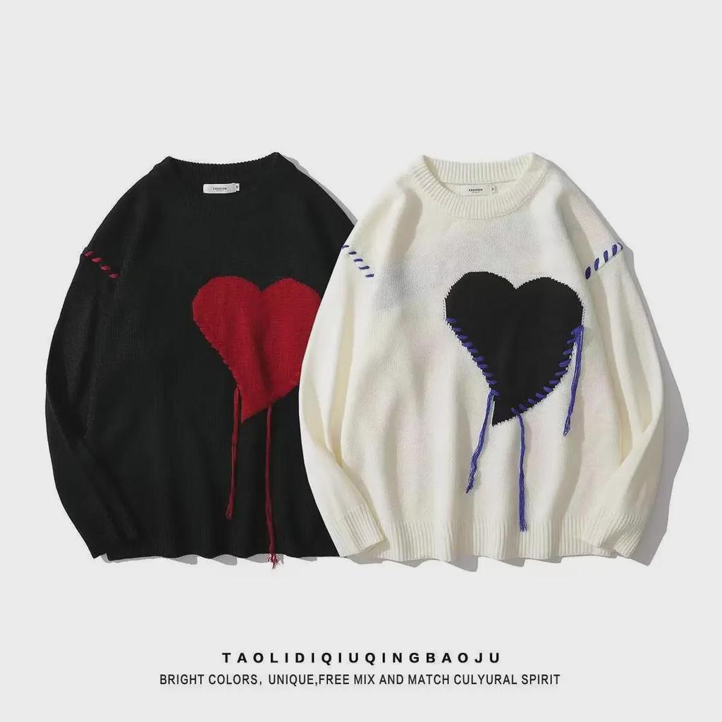 Unisex Trendy Autumn/Winter Handmade Loose Fit Love Sweater - Round Neck, Casual Style for Couples