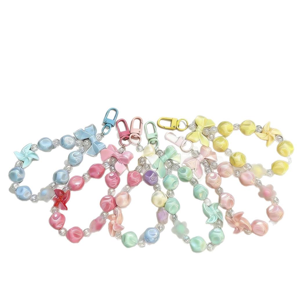 Dopamin Girly Blume Schleife Perlen Handykette & Lippenstift Halter Schlüsselanhänger