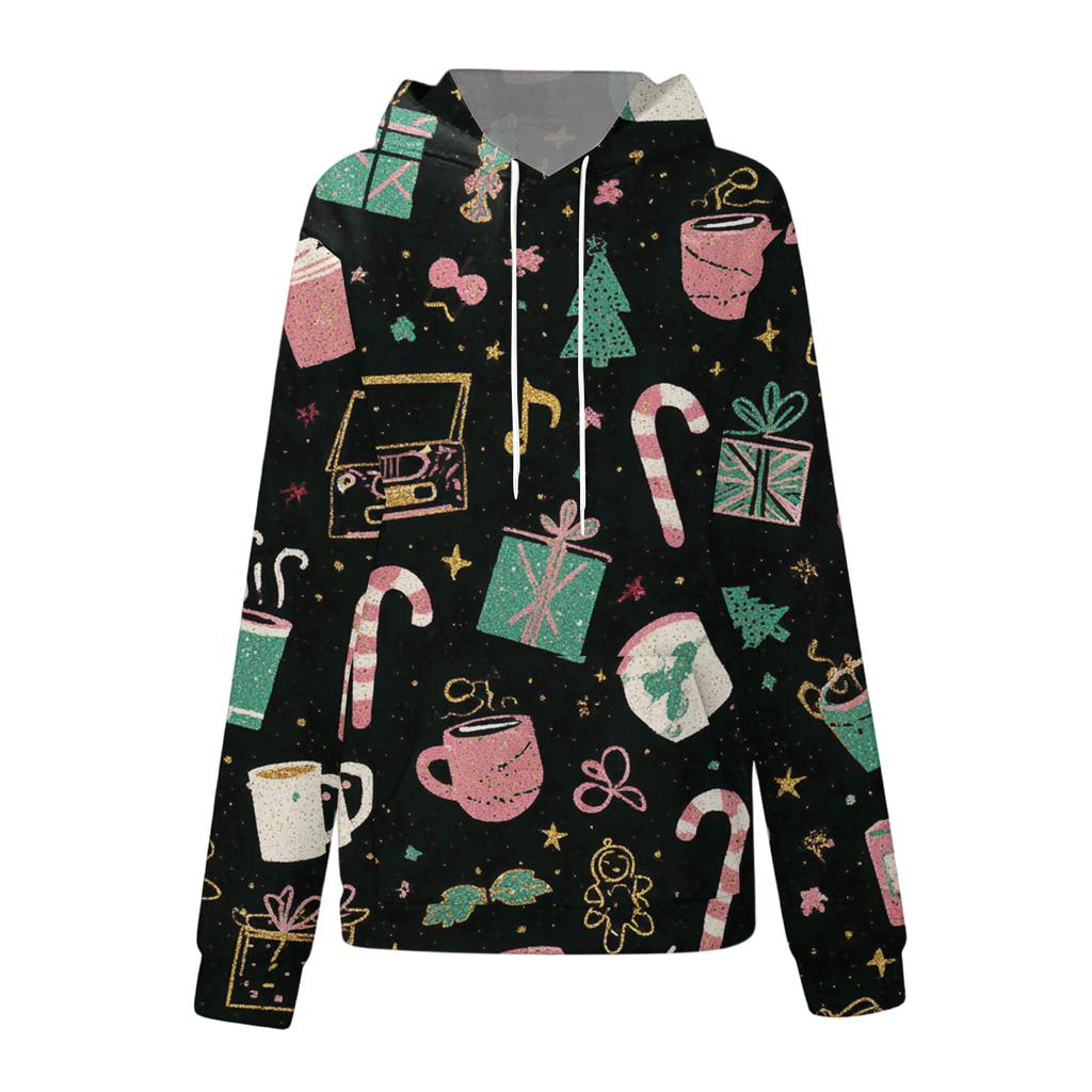 Women's Fashion Sweatshirt Christmas Print Casual Hooded Sweatshirt With Pockets