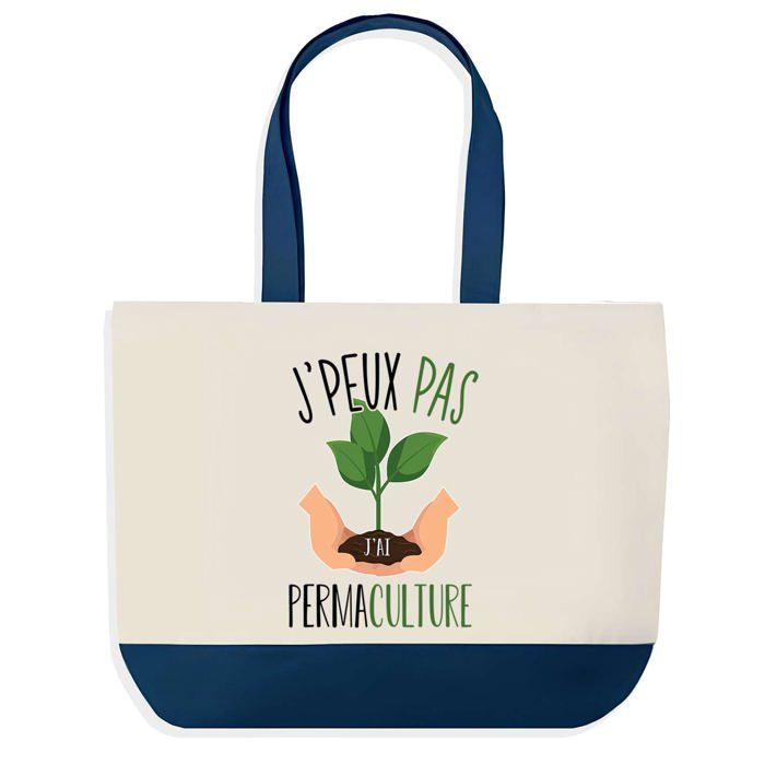 Sac shopping - PLANETEE - J'peux pas Permaculture - fond bleu - coton 40x45 cm - fabriqué en France
