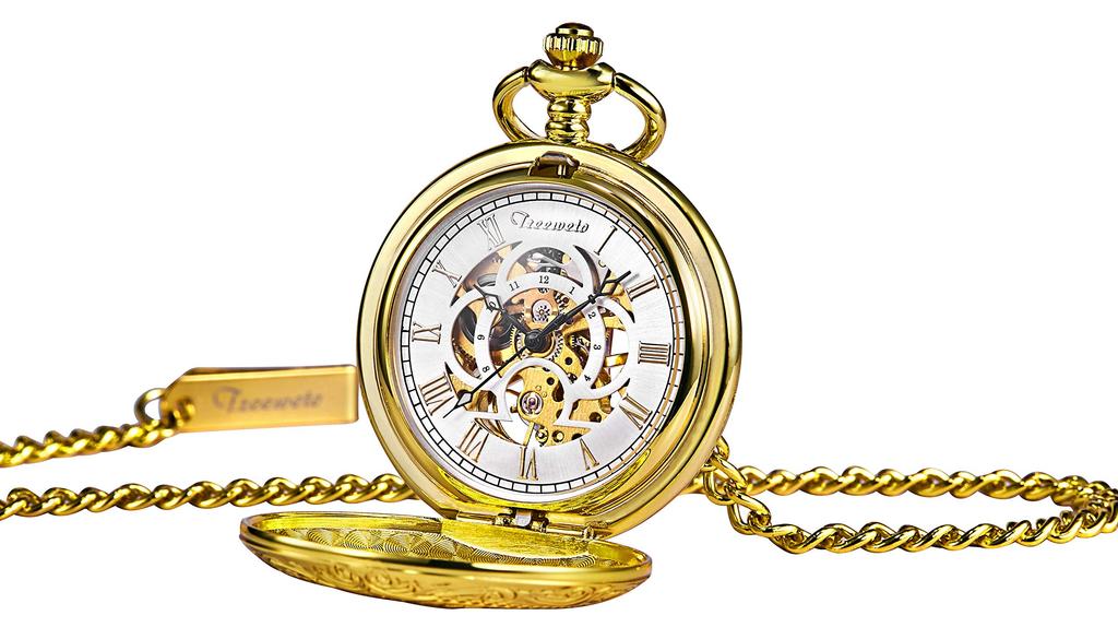 TREEWETO Mechanical Hand-Wind Pocket Watch Roman Numerals Skeleton Gold with Chain