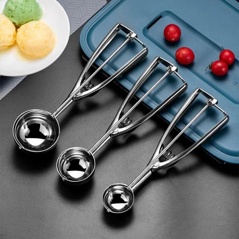 Stainless Steel Ice Cream Spoon Spring Handle Mash Potato Watermelon Ball Spoon Ice Cream Mold Home Kitchen Accessories Gadgets