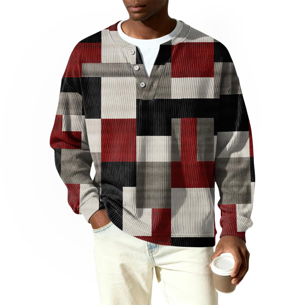 Męski sweter z dzianiny prążkowanej z długim rękawem, z kołnierzykiem zapinanym na guziki