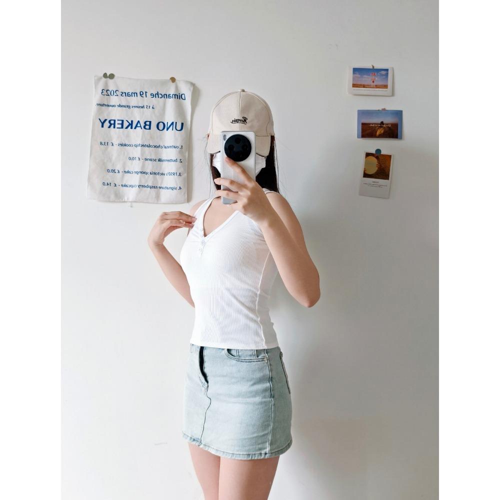 Ribbed Button V-Neck Camisole,New Arrival Women Slim Fit Cotton Basic Sleeveless Layering Tank Top