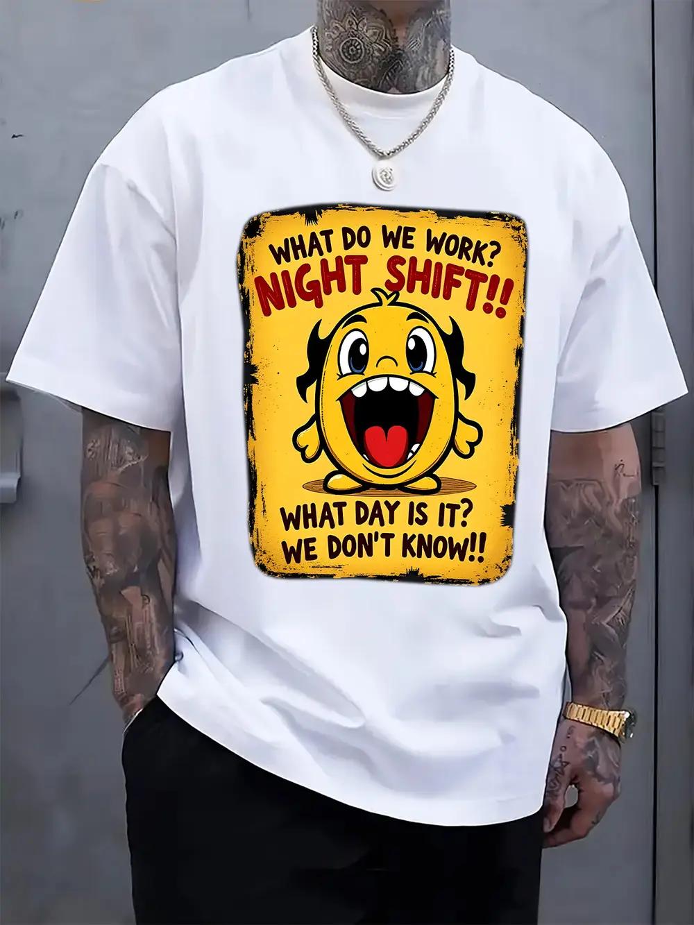 Casual Crew Neck T-shirt with Funny Night Shift Work Print XXXXL