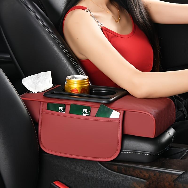1pc PU Leather Car Armrest Height Pad with Cup Holder & Tissue Box Storage - Multi-Functional Organizer, Fit for All Cars, Armrest Cover for Car
