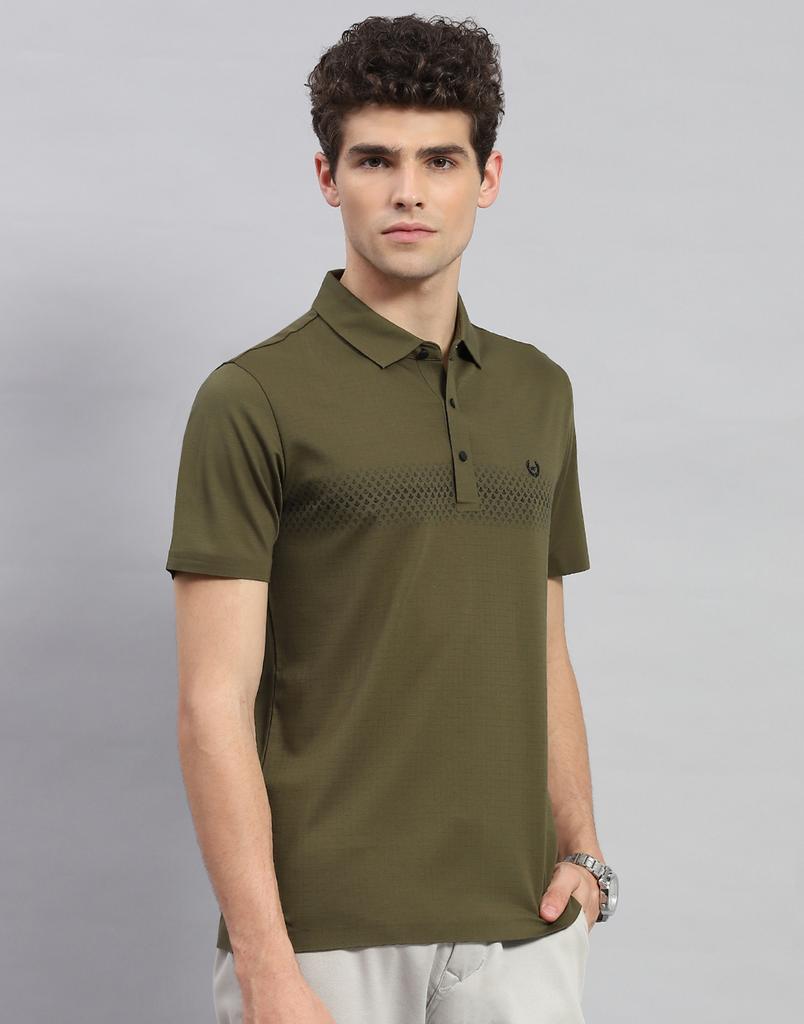 Monte Carlo Mens Olive Printed Polo Neck Half Sleeve T-shirt