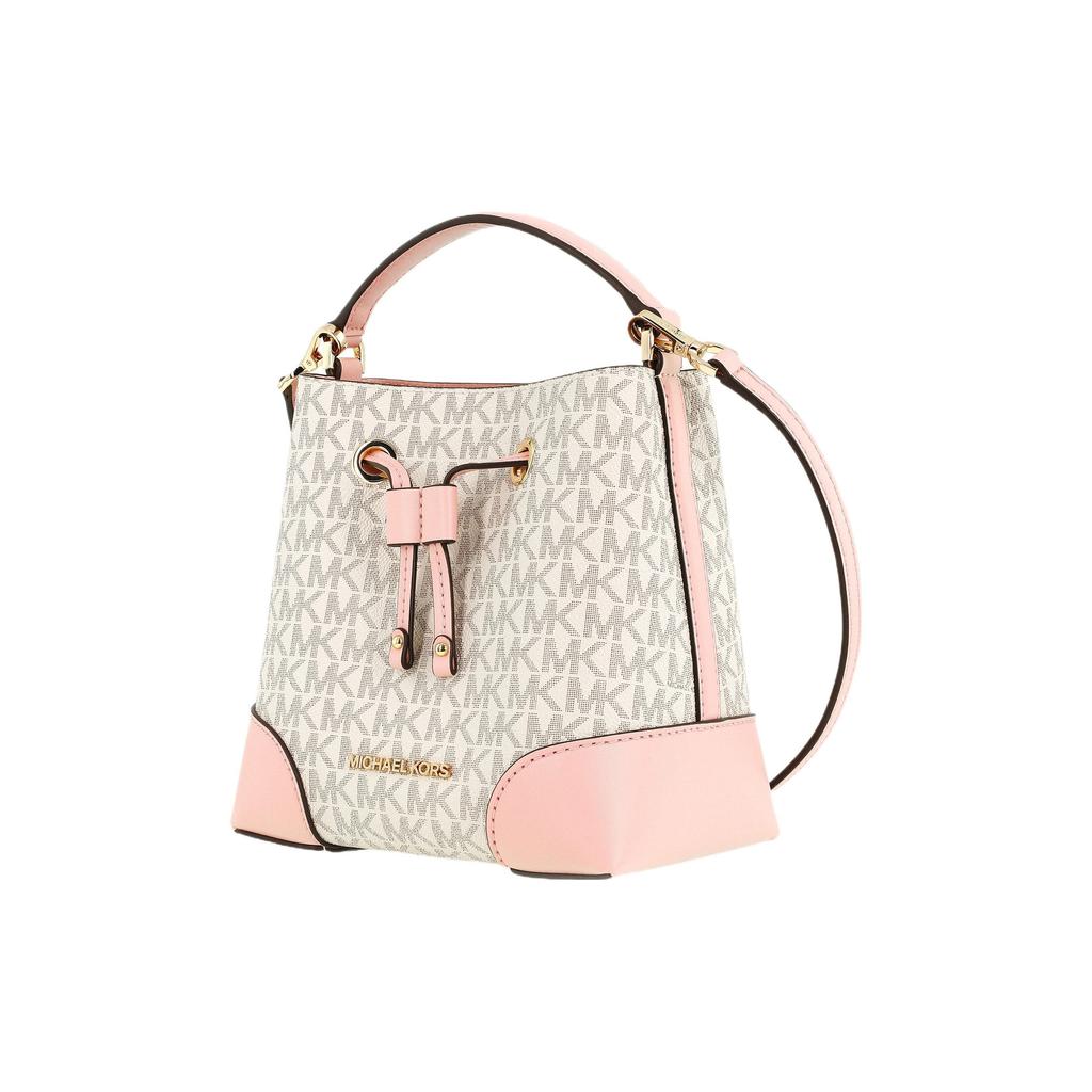 Michael Kors MK Mercer 18 Classic Monogram Drawstring Closure Coated Canvas And Cotton Bucket Bag Women bags White Pink 35F2GM9M1B-640