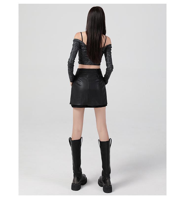 T98 Brown High-Waisted Leather Midi Skirt - Retro Distressed Style for Autumn/Winter