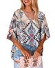 Azura Exchange White Abstract Printed Notched V Neck Split Half Sleeve Blouse