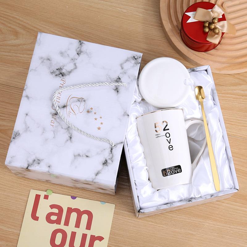 Ceramic Souvenir Black and White Mug with Lid and Spoon Couple Water Cup Household Ceramic Cup