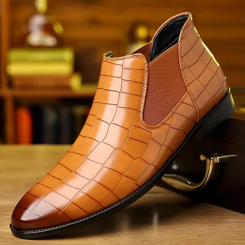 Fashion Chelsea Leather Men Boots High-top Side Zipper Round-toe Crocodile Pattern High Heel Versatile Casual Party Boots For Man botas