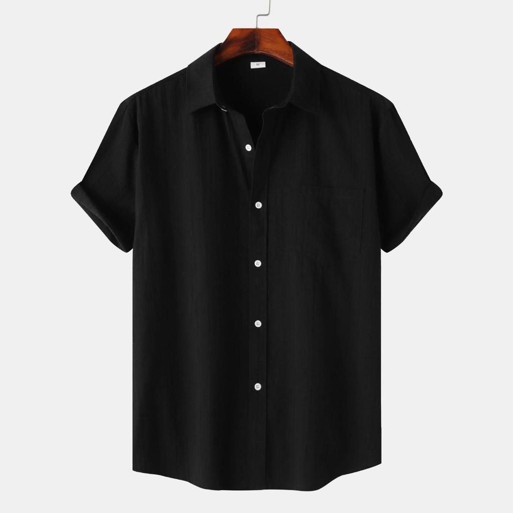 Camicia da uomo casual a maniche corte con taschino singolo, a righe e tinta unita, monopetto con revers