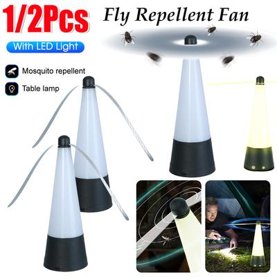 1/2pcs Fly Repellent Fan with LED Light USB Rechargeable Outdoor Fly Fan Battery Powered Pest Control Fan for BBQ Picnic Parties