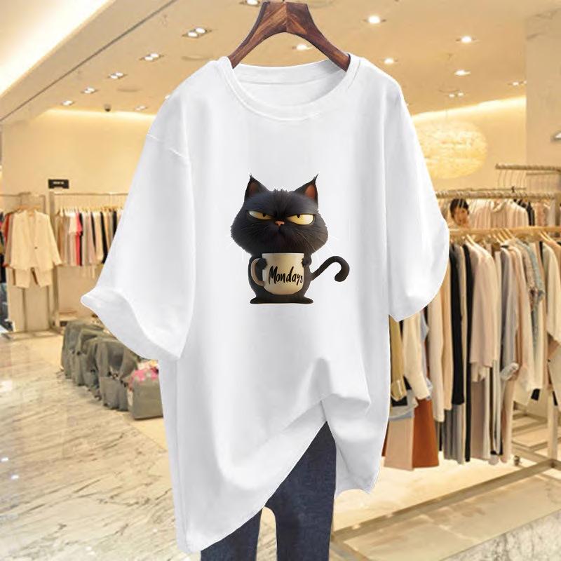 

New cartoon animal cat graphic breathable printing crew neck short-sleeved T-shirt casual women s top S