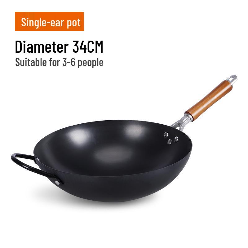Old-Fashioned Non-Coated Cast Iron Wok, Round Bottom, Non-Slip, Non-Stick, Gas Stove Compatible, Nitrided Fine Iron.