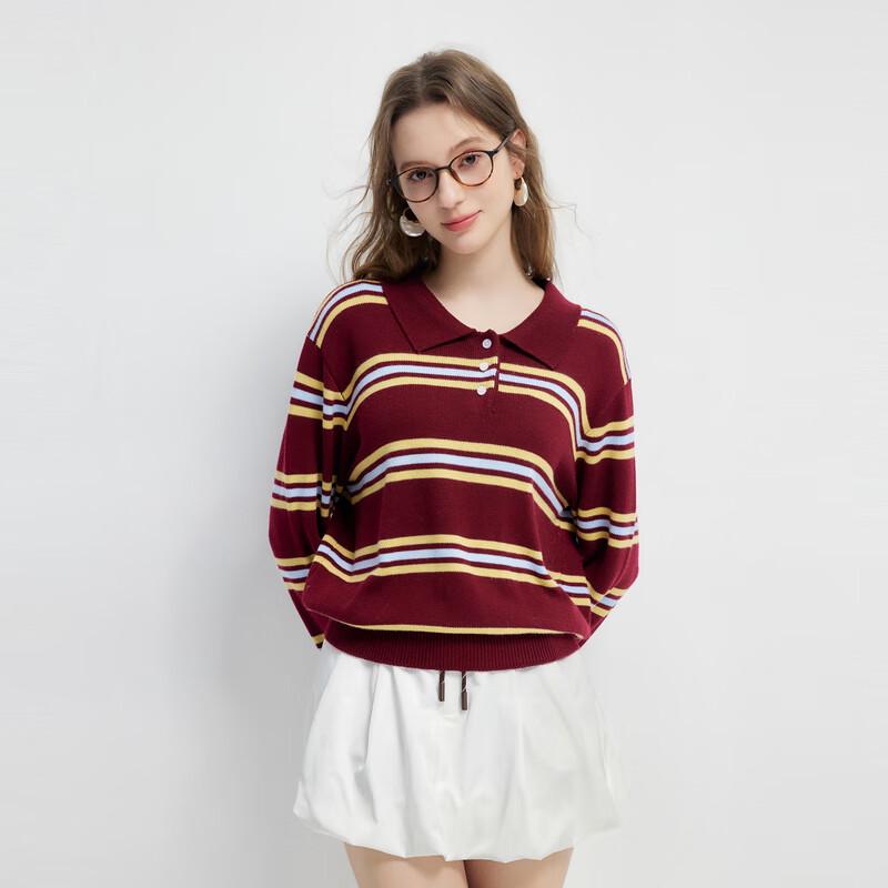 Qiushui Yiren Women's Striped Polo Collar Knit Sweater