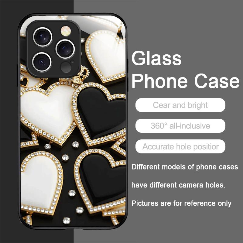Stylish Black White Heart with Pearls Tempered Glass Phone Case for IPhone 17 16 Pro Max 15 14 13 12 Mini 11 X XS 7 8 Plus Cover