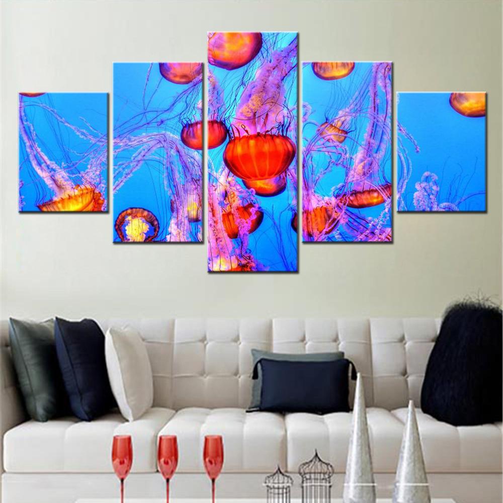 

5 Pieces Wall Art Canvas Animal Poster Orange Jelly Fishes Wallpaper Home Decoration For Living Room Picture Print Bedroom Mural 20X35 20X45 20X55CM