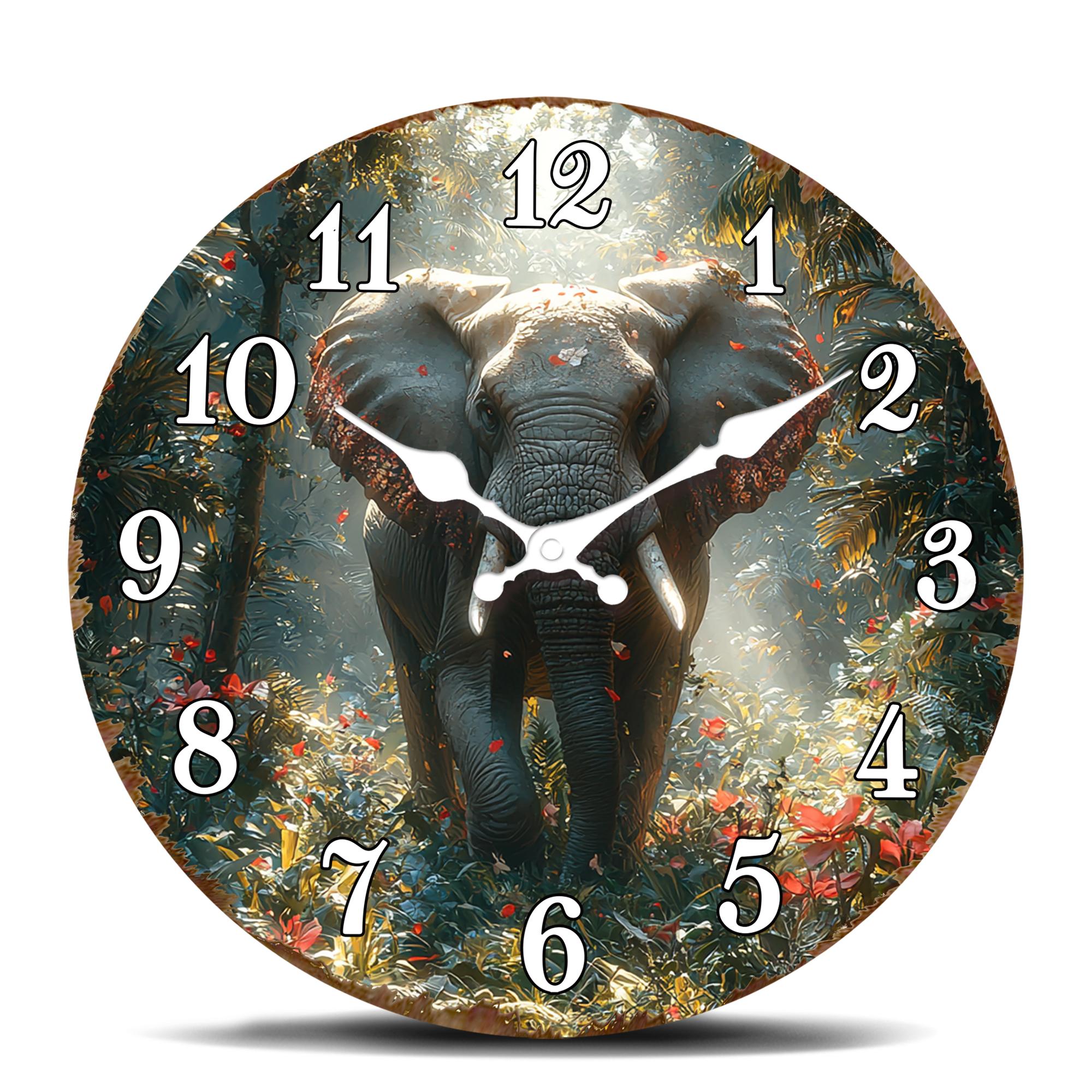 Majestic Jungle Elephant Wall Clock - Safari Wildlife Adventure Home Decor, Elephant Lover Office Art Gift Timepiece 10 inch