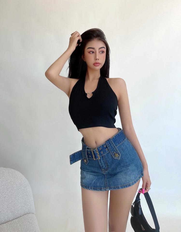 American Sexy High-Waisted Denim A-Line Mini Skirt for Women