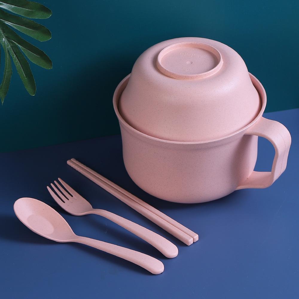 Wheat Straw Noodle Bowl Set with Chopsticks, Fork & Spoon - Ideal for Dorms & Households