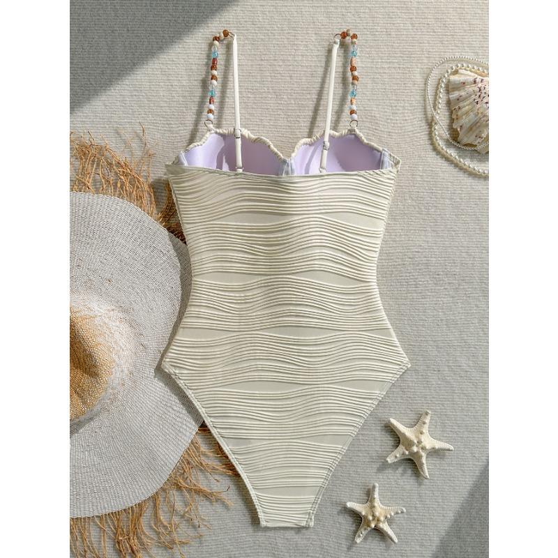 Vintage Beaded Hard Cup Padded One Piece Swimsuit For Women Solid Bathing Swimwear