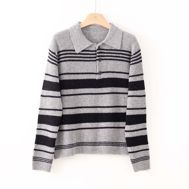 Soft Waxy Retro Polo Collar Striped Contrasting Color Quan Wool Knitted Sweater Women's Early Autumn New Inner Pullover Bottoming Shirt