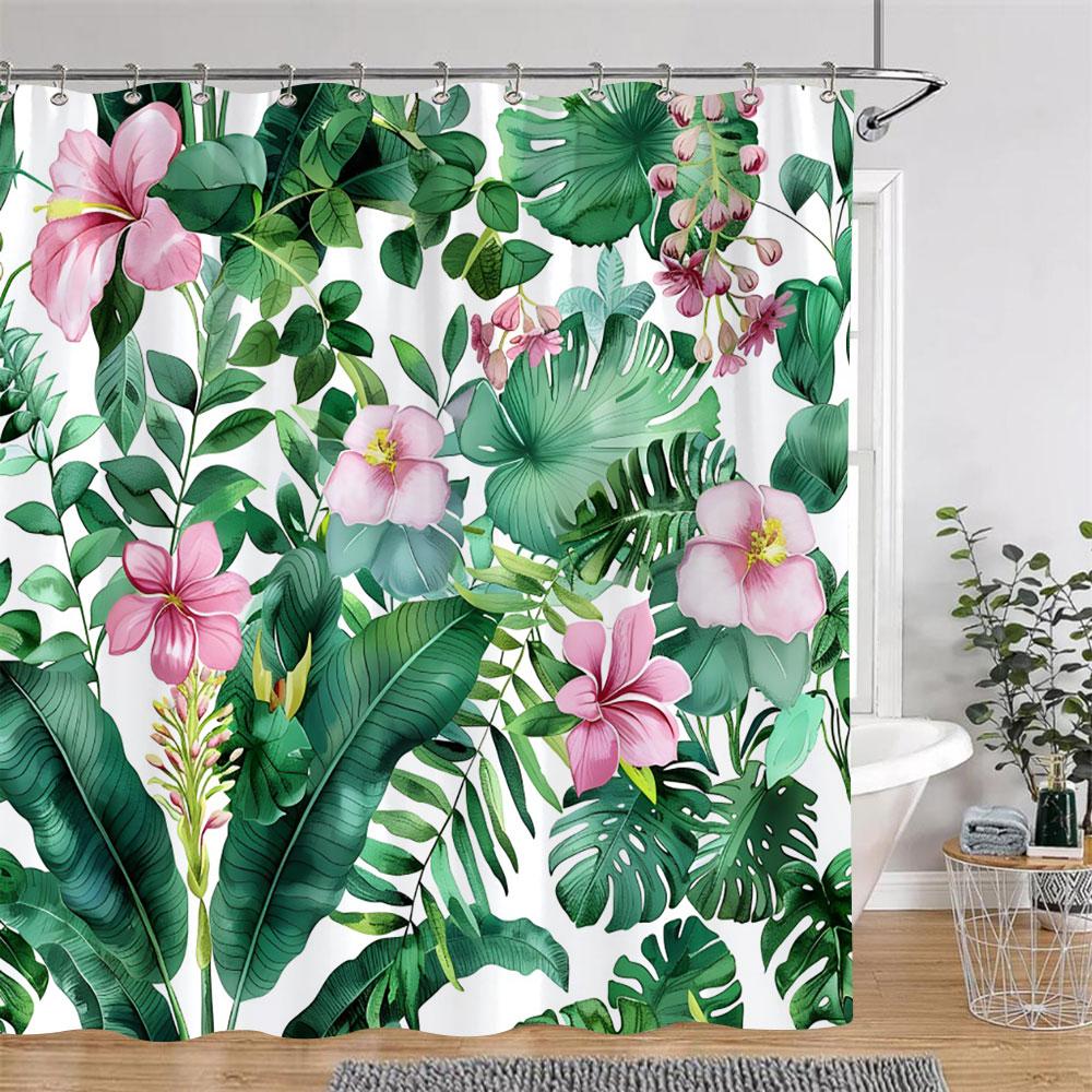 Tropical Plants Floral Shower Curtain Green Palm Leaves Pink Flowers Polyester Fabric Shower Curtains Bathroom Decor With Hooks