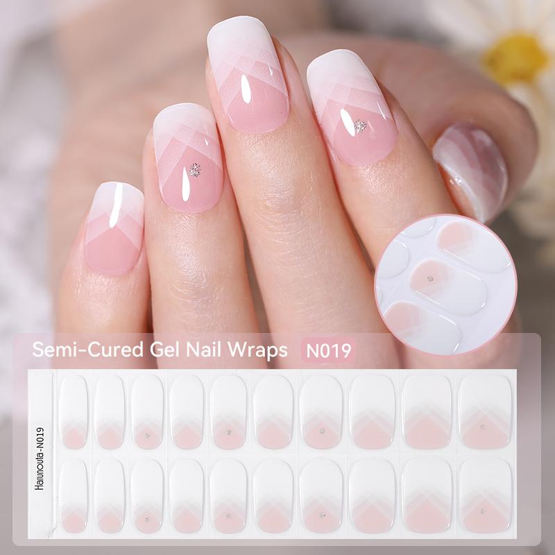 20Tips Gradient French Semi-cured Gel Nail Sticker UV Lamp Needed Full Cover Nail Gel Polish Wraps Manicure Press On Nails Decal