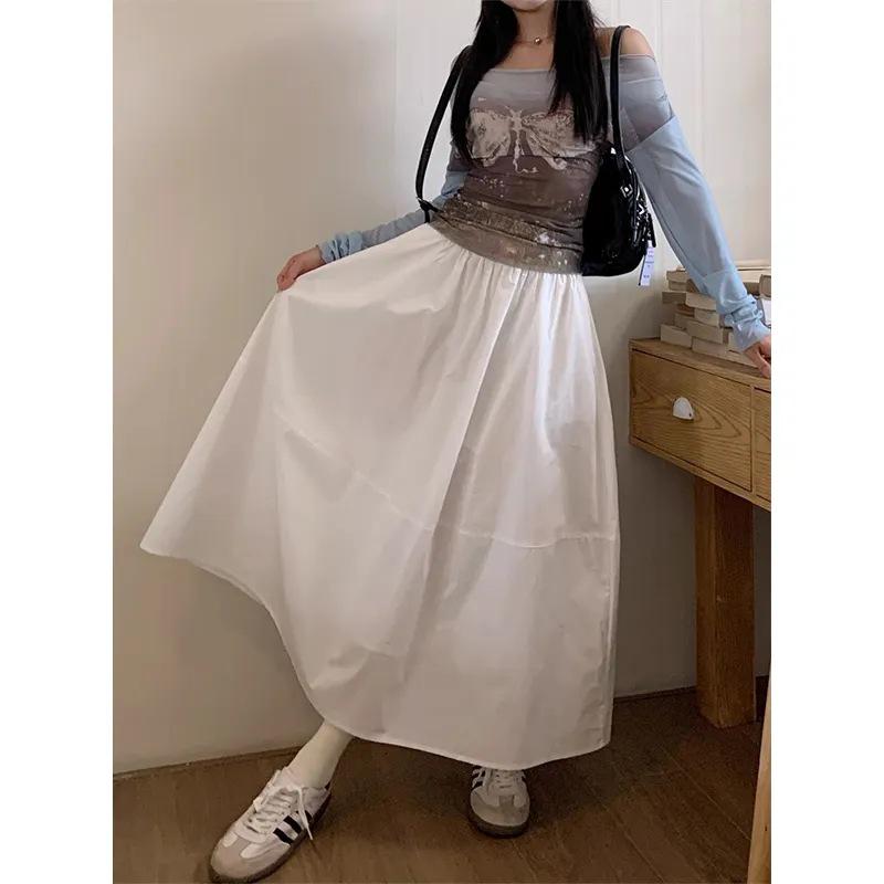 White Midi Skirt with Lining & Pockets: Women's Korean Style, New Design, Draped Large Hem, A-Line, High-Waisted Skirt