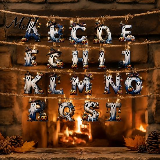 Holiday Scenery for Cafes Hotels Halloween Letter Ornament, Spooky Hanging Wooden Alphabet Letters Pendant with Ghost Creative Photo Prop Wall