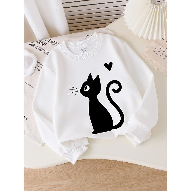 Kids Crewneck Sweatshirt, Black Cat with Heart & Whiskers Print,Casual Sportswear for Spring & Autumn