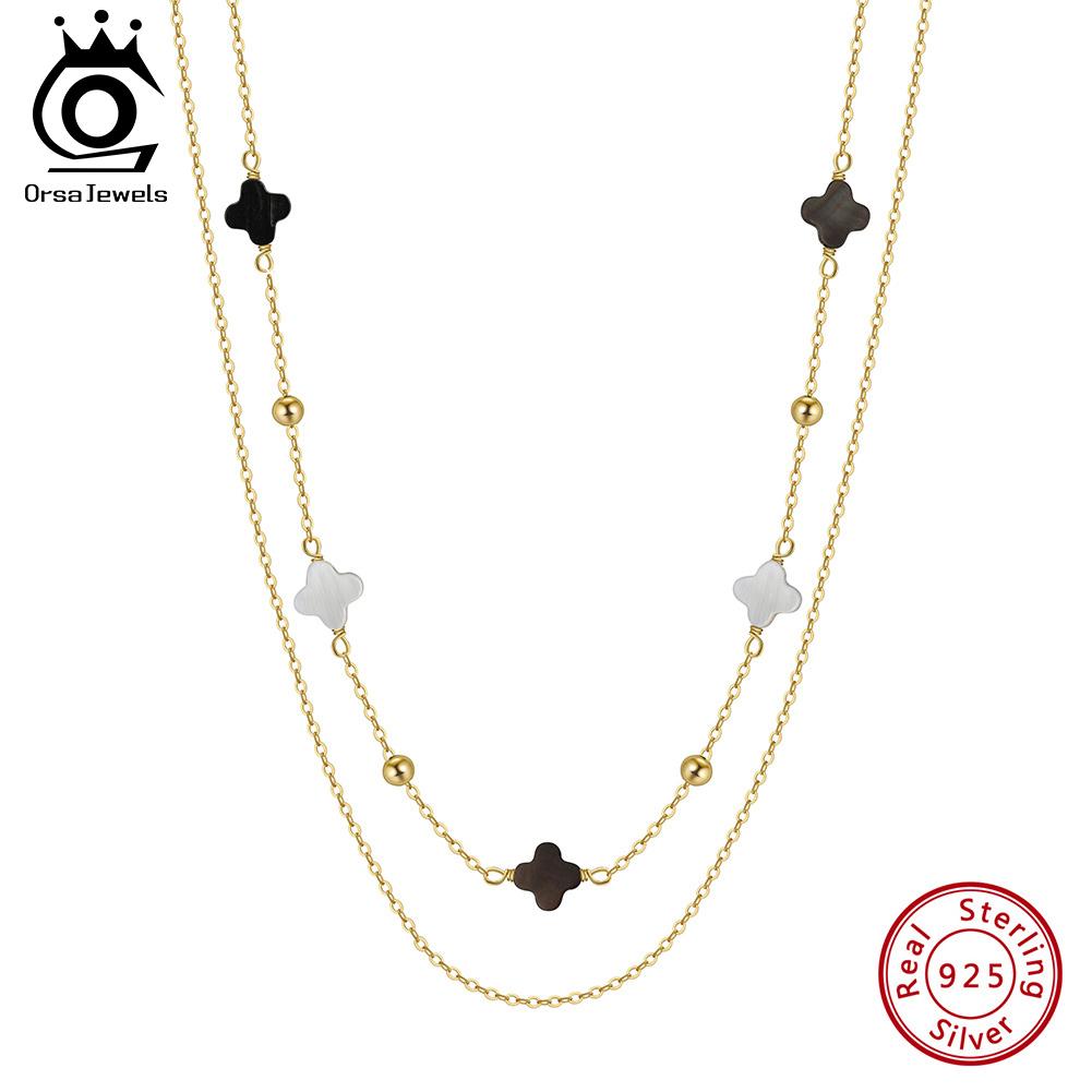 ORSA JEWELS Muschel 4 Vierblättriges Kleeblatt Anhänger Halskette Liebhaber Geburtstagsgeschenk Qualität Doppellagig 925 Silber Schmuck GMN59
