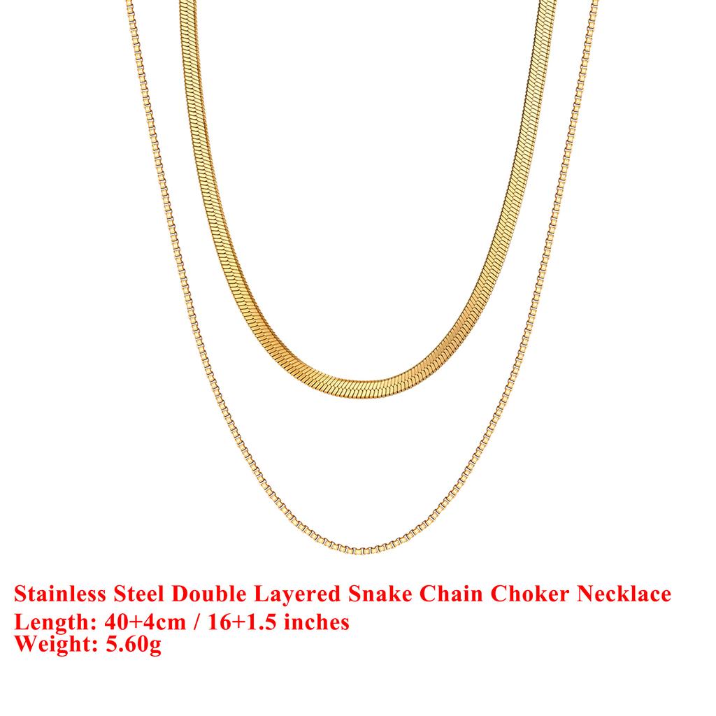 EFFIE QUEEN Stainless Steel 18k Gold Double Layered Snake Chain Choker Necklace Simple Jewelry for Women Banquet Party STCC03