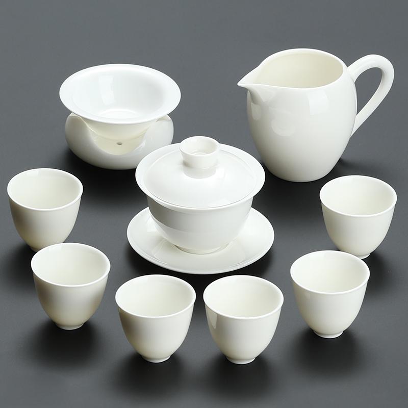 Goat Jade White Porcelain Kung Fu Tea Set Home Brewing Teapot Covered Bowl Chinese Light Luxury Brewing Tea Cup Office Guests