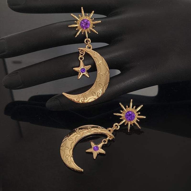 Star and Moon Rhinestone-Inlaid Earrings with Purple Gemstones
