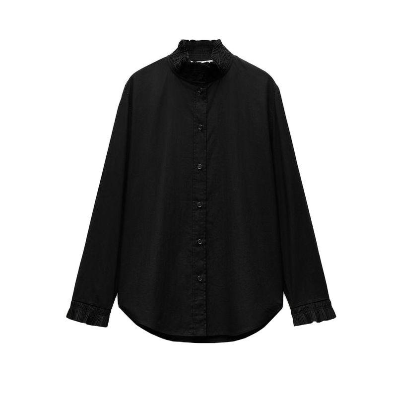 

Fall and Winter New Women s Clothing Fashion Style Cotton Small Pleated Laminated Decoration Stand Collar Long Sleeves Shirt 4786277 Black L