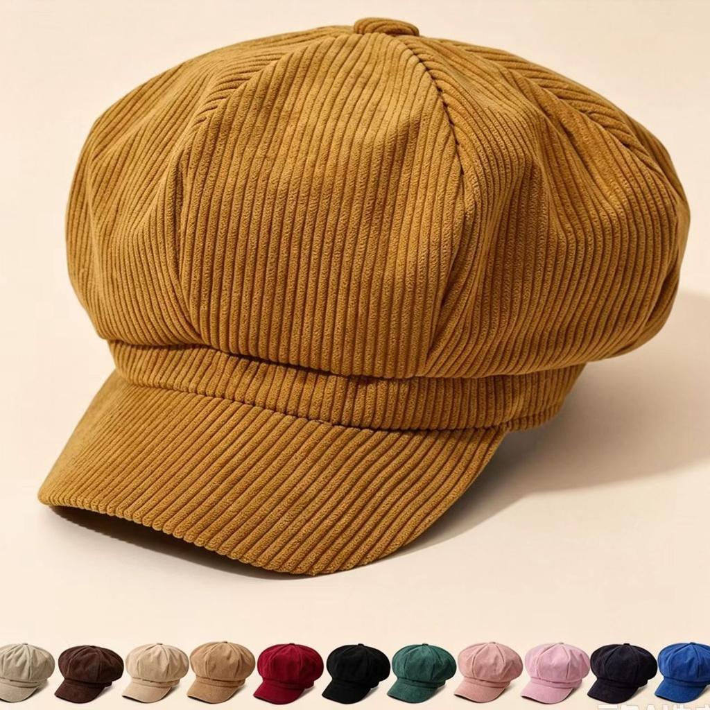Autumn and Winter Corduroy Star Anise Newsboy Hat Women's Retro Brimmed Beret Showing Face Small Velvet Painter Hat