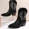 PU Embroidered Boots Women Pointed Toe Square Heel Autumn Winter Ankle Boots Leather Handmade Mid-Calf Western Boots 36-43