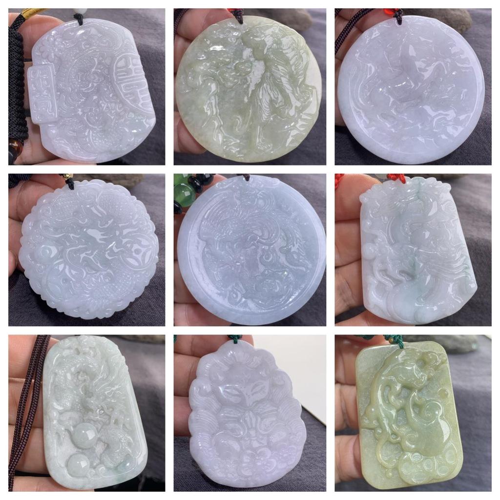 Myanmar Natural A-Grade Jade Pendant with Fox, Tiger, Qilin, and Bodhisattva Figures