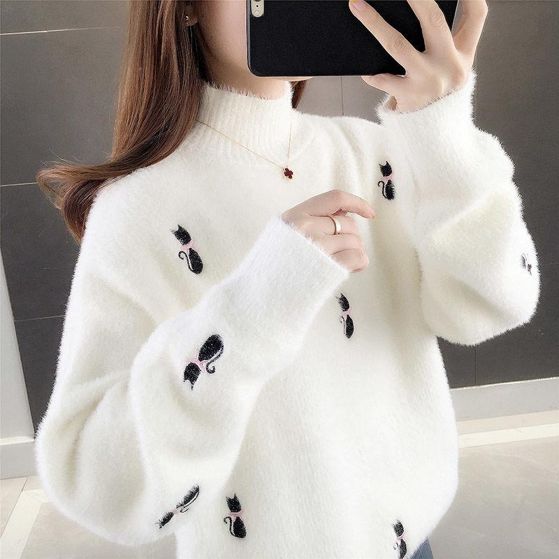 Mink Wool Sweater for Women In Autumn and Winter, New Loose Style with Lazy Half-turtleneck and Velvet Padded Knitted Bottoming Shirt.