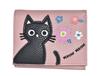 Women's Cat Wallet, Bifold Wallet, Cat Patchwork, Compact, Black Cat, Floral Print, Cute, Large Storage, Mini Wallet (Pink)