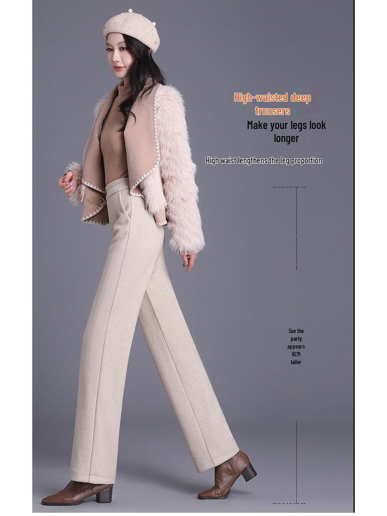 Women's 2025 Winter High-Waisted Woolen Silk Cotton Wide-Leg Pants: Loose, Warm, Drape, Hip-Covering Straight-Leg Design